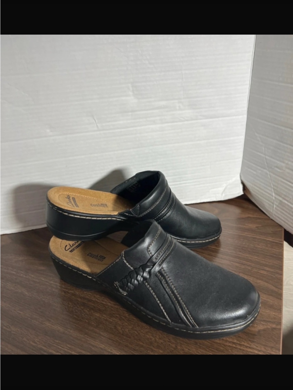 Clarks Black Leather Slip-On Clogs